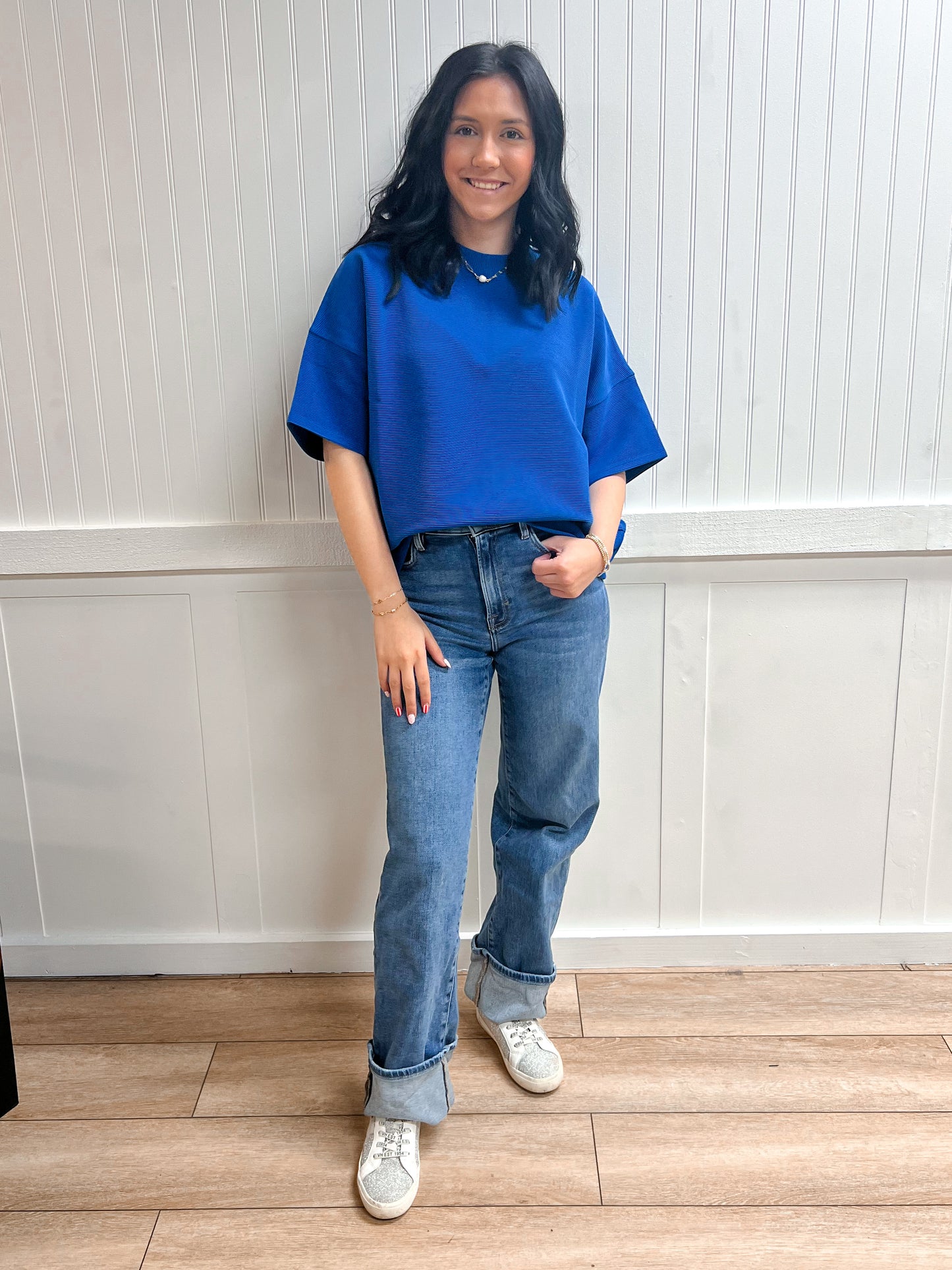 Kinsley Ribbed Round Neck Waist Banded Tee Shirts - Classic Blue-Zenana-FD 03/12/26,Tops Collection-The Twisted Chandelier