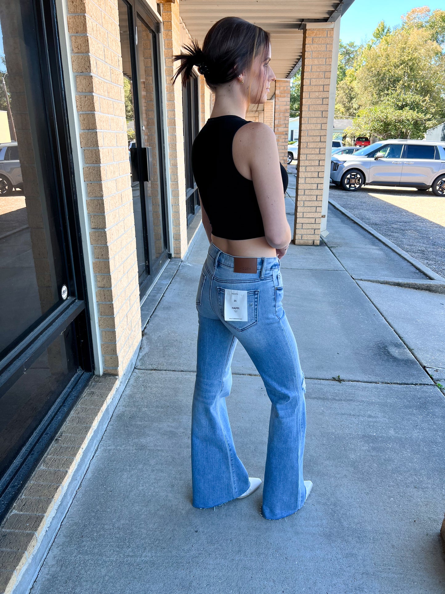 Happi Medium Light Mid Rise Distressed 33" Inseam Flare-Hidden Jeans-Bin b6,bottoms,CR 10/21/24,FD 10/22/24-The Twisted Chandelier