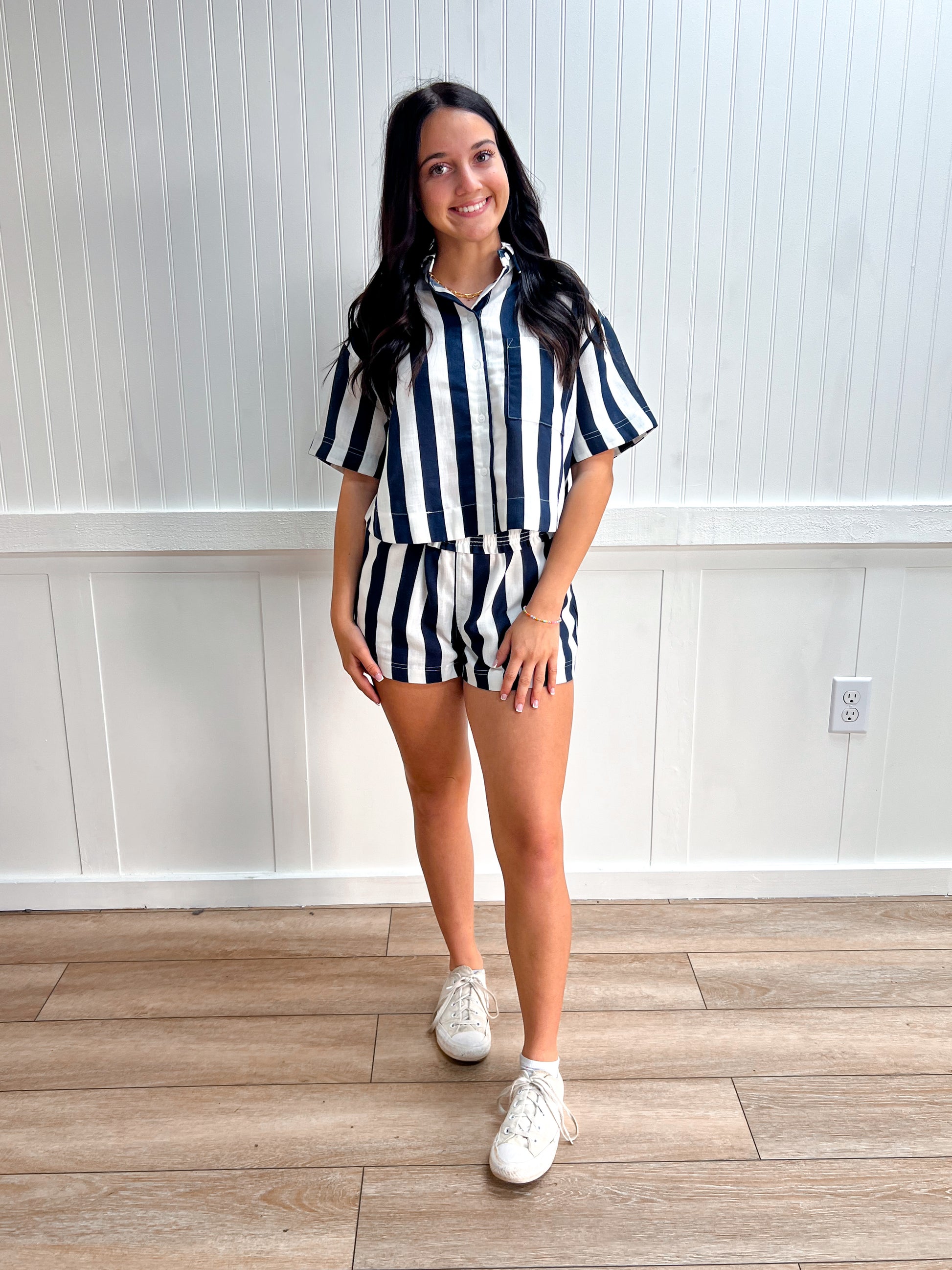 Indie Short Sleeve Shirt & Wide Stripe Linen Effect Shorts Set-Active Basic | Active USA-The Twisted Chandelier