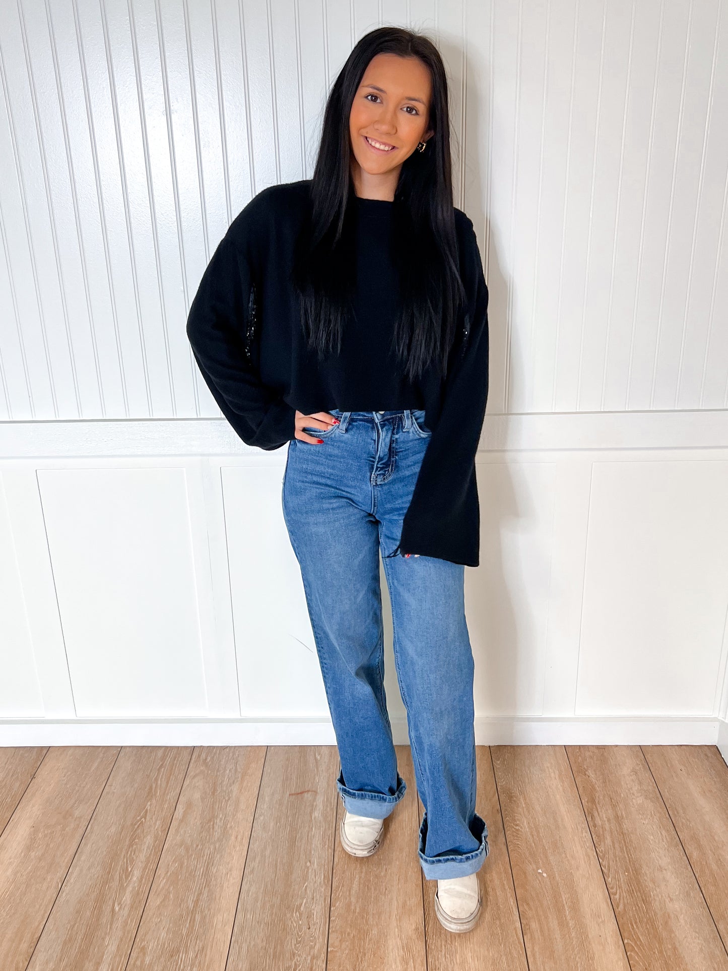 Valentina Black Sweater Rhinestone Fringed Sleeves-Sweater-Vocal-20005L,Max Retail,not on the floor only in totes,Winter Tote T1-The Twisted Chandelier