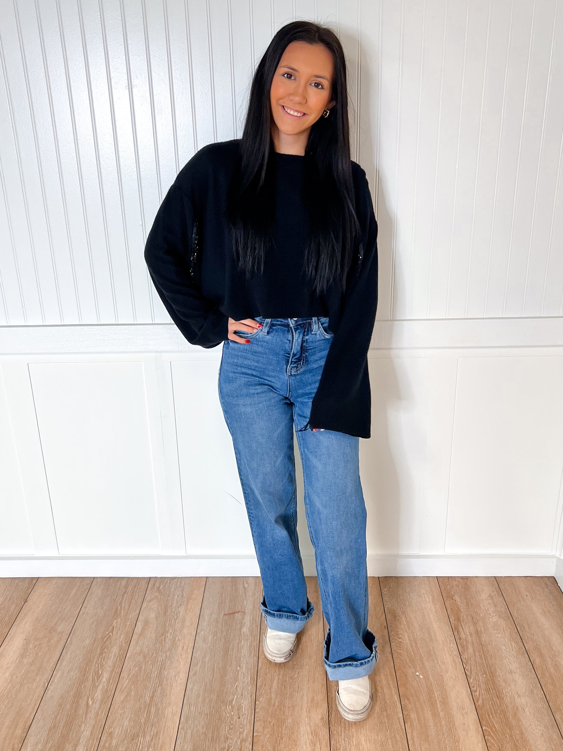 Valentina Black Sweater Rhinestone Fringed Sleeves-Sweater-Vocal-20005L,Max Retail,not on the floor only in totes,Winter Tote T1-The Twisted Chandelier