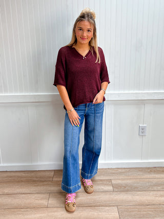 Maeve Split Neck Short Sleeve Sheer Crochet Knit Top-Top-Blu Pepper-Fall Favorites,NewArrival,Tops Collection-The Twisted Chandelier