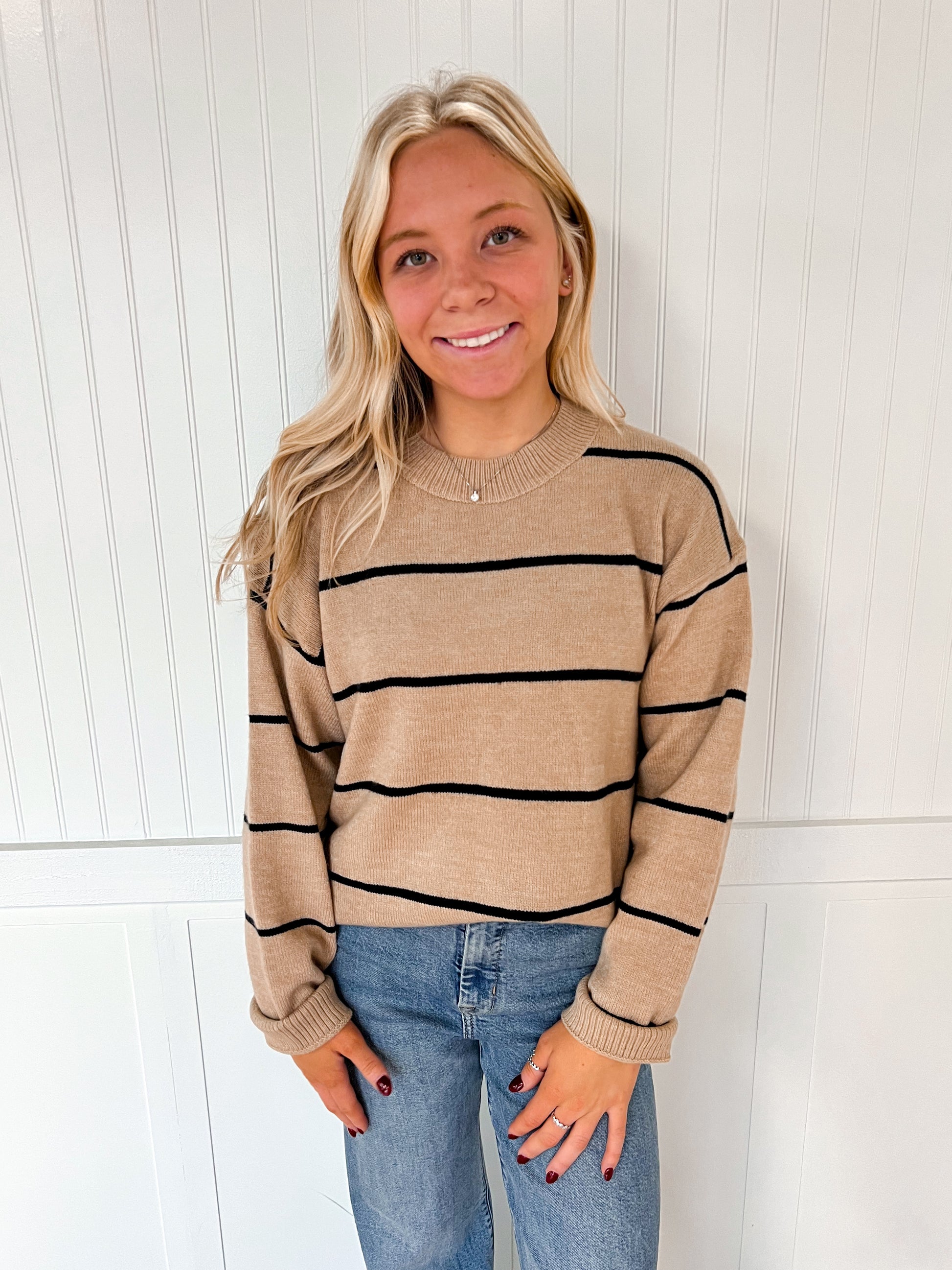 Hadley Loose Fit Stripe Long Sleeve Crewneck Sweater-La Miel-Bin a4,FD 09/30/25,HCS3553,Tops Collection-The Twisted Chandelier