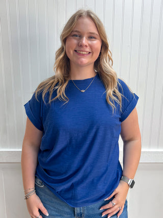Addie Slub Cuffed Sleeve Tee - Navy-Top-ZENANA-Tops Collection-The Twisted Chandelier