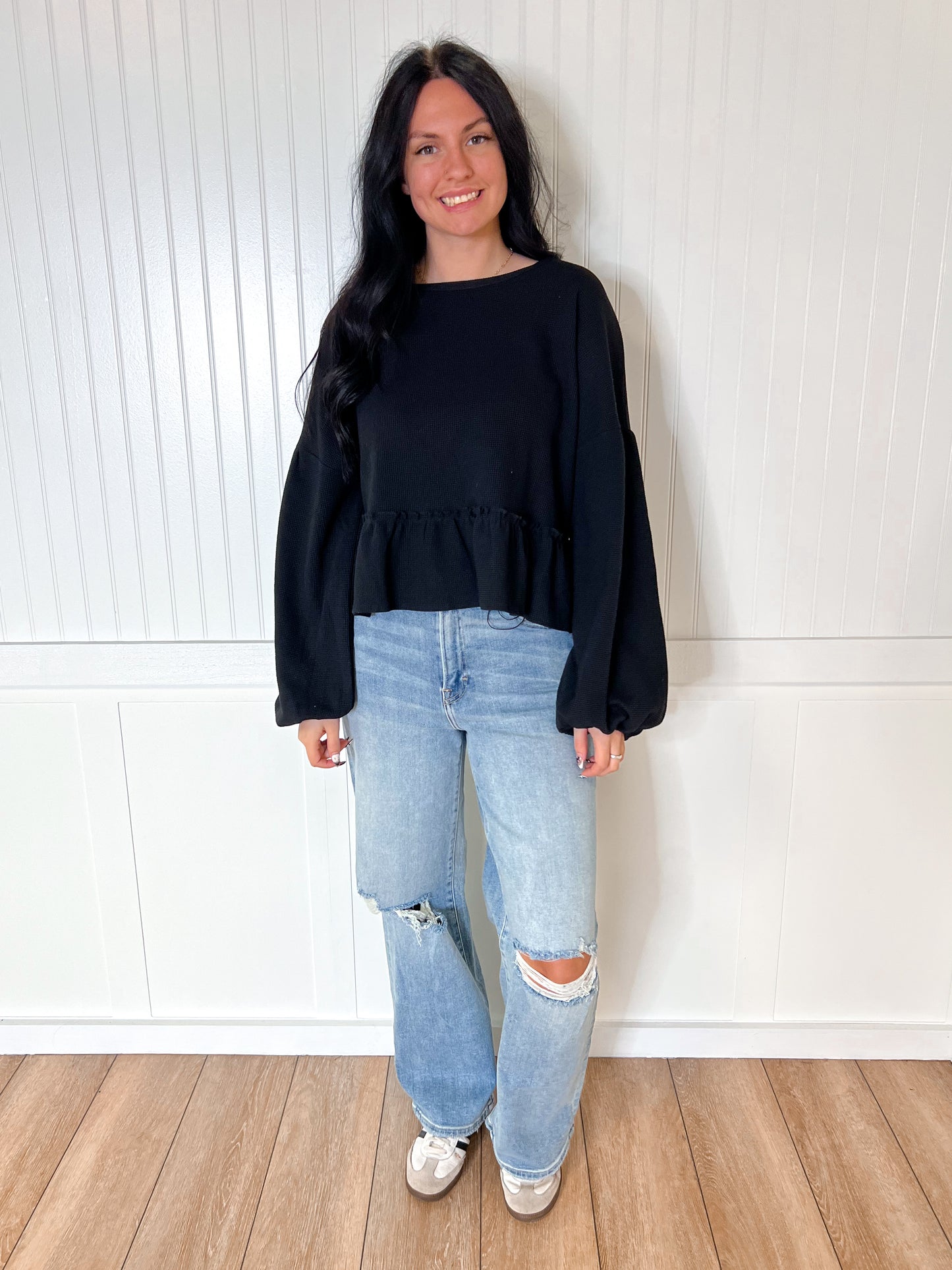 Halston Waffle Top - Black-BLOUSE TOP-Southern Grace Wholesale-Max Retail,Tops Collection-The Twisted Chandelier