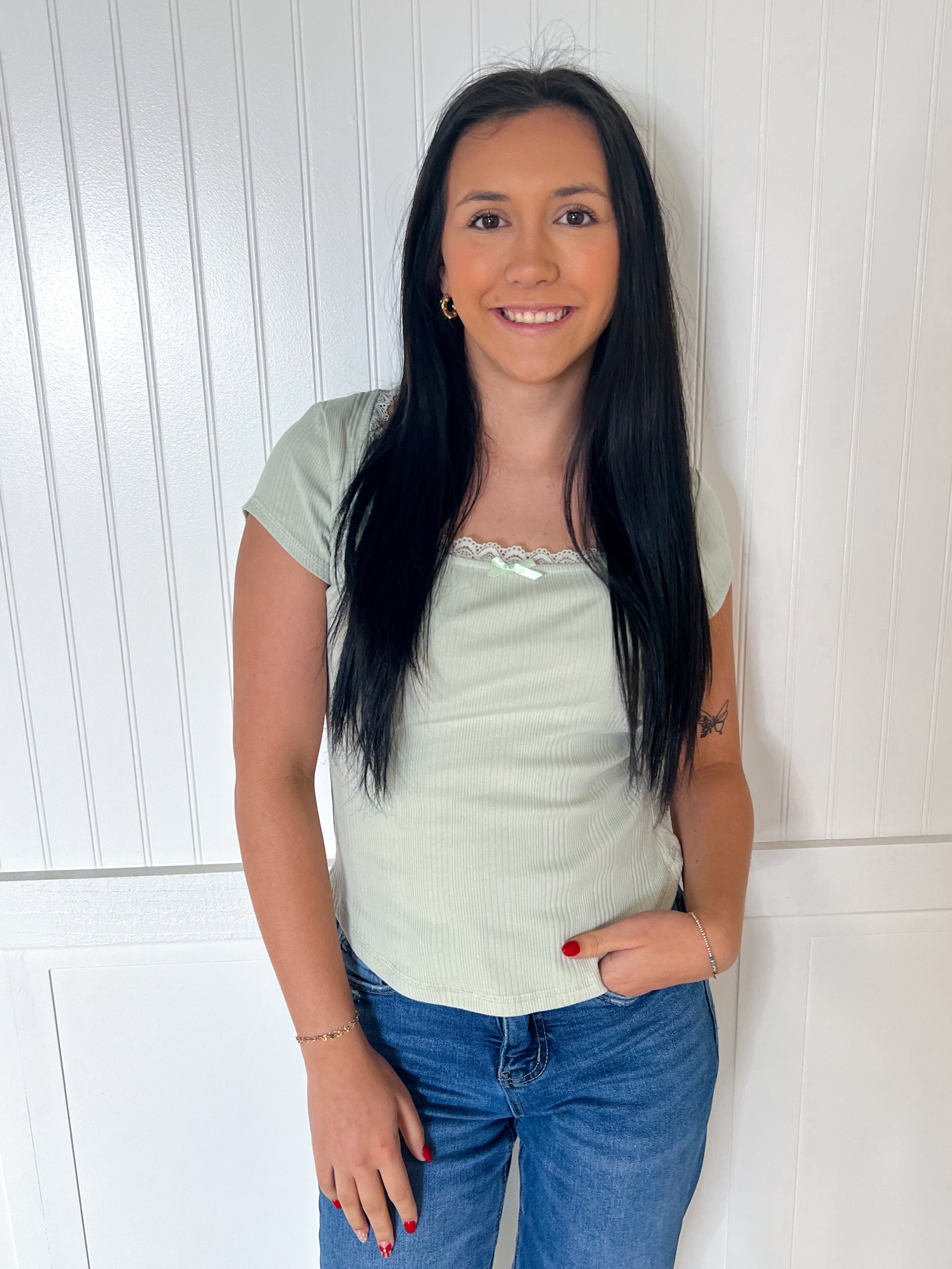 Maven Lace & Bow Trim Ribbed Knit Top - Sage-VERY J-Bin B4,FD 07/29/25,OGP 32.50,Tops Collection-The Twisted Chandelier