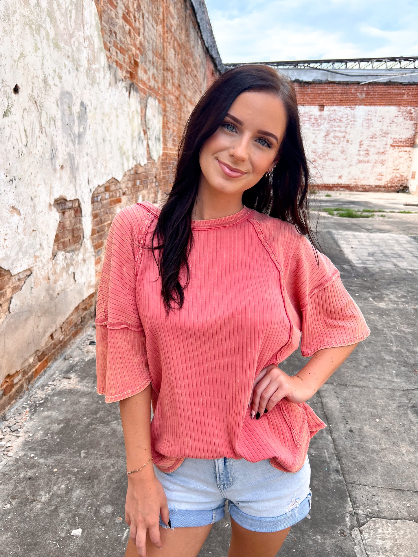 Cassie Mineral Washed Oversized Ribbed Knit Casual Top - Coral-VERY J-BIN A 3,FD 06/10/25,Tops Collection-The Twisted Chandelier