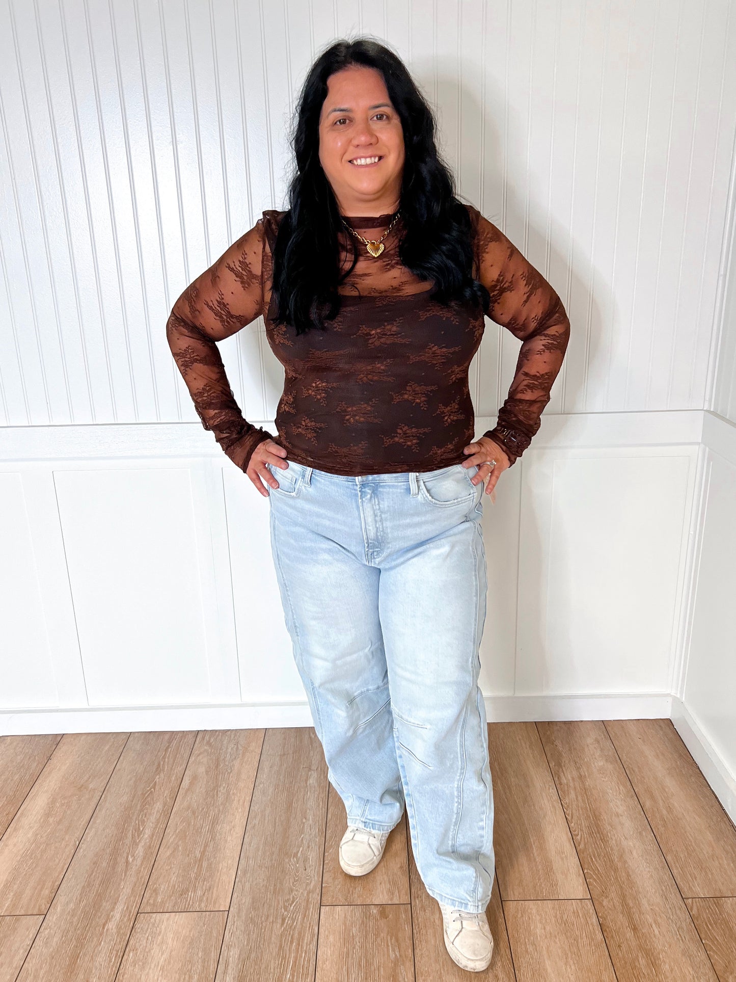 Lux Layering Floral Lace See Through Mesh Top Blouse | Brown-Sheer Top-Sweetkama-Bin C2,FD 03/18/25,rodeo,tops,Tops Collection-The Twisted Chandelier