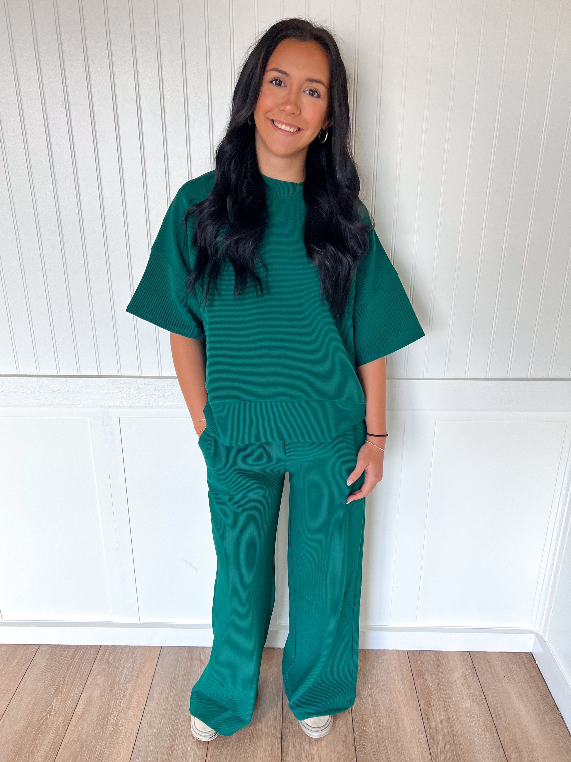 Jovie Ribbed Round Neck Tee & Pants Set – Soft Knit Two-Piece Lounge Outfit - Hunter Green-Outfit Sets-Zenana-FD 11/6/25-The Twisted Chandelier