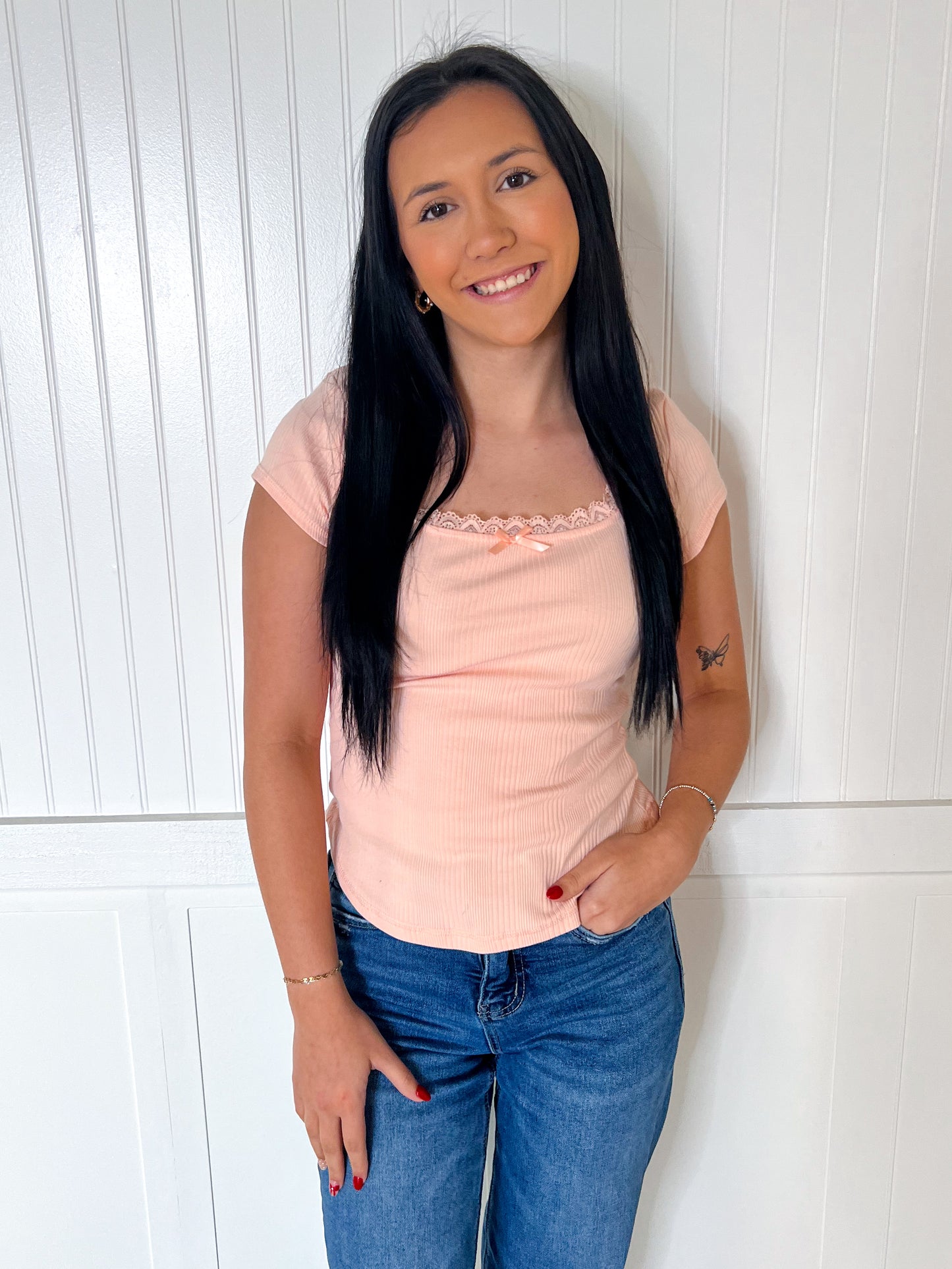 Maven Lace & Bow Trim Ribbed Knit Top - Salmon-VERY J-Bin B4,FD 07/15/25,OGP 32.50,Tops Collection-The Twisted Chandelier