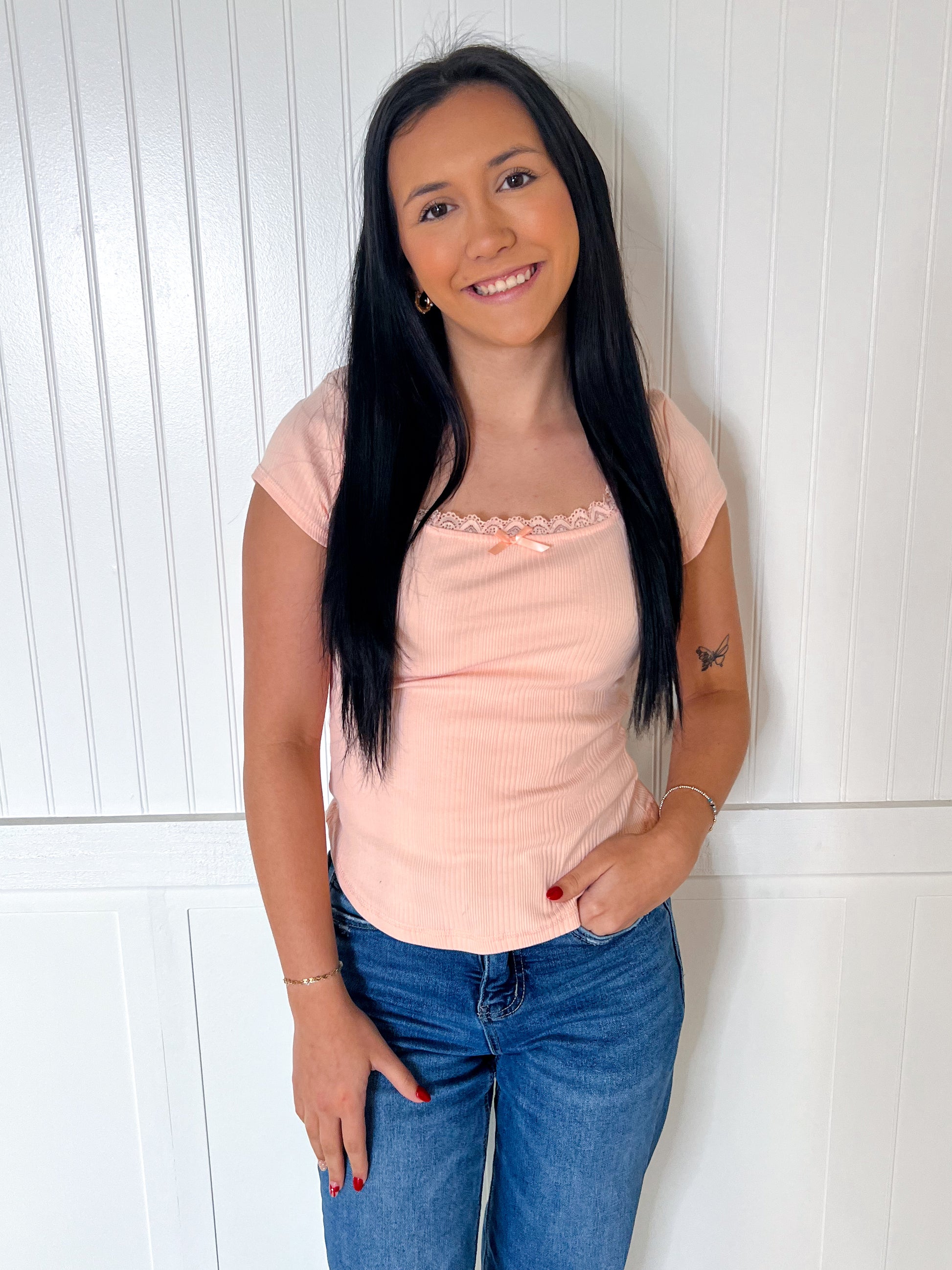 Maven Lace & Bow Trim Ribbed Knit Top - Salmon-VERY J-Bin B4,FD 07/15/25,OGP 32.50,Tops Collection-The Twisted Chandelier