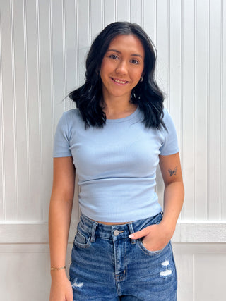 Lola Short Sleeve Crew Neck Cotton Spandex Rib Knit Top-Shirts & Tops-Active Basic | Active USA-FD 02/03/26,restocked 03/30/26,RWB,Tops Collection-Small-Light Blue-The Twisted Chandelier