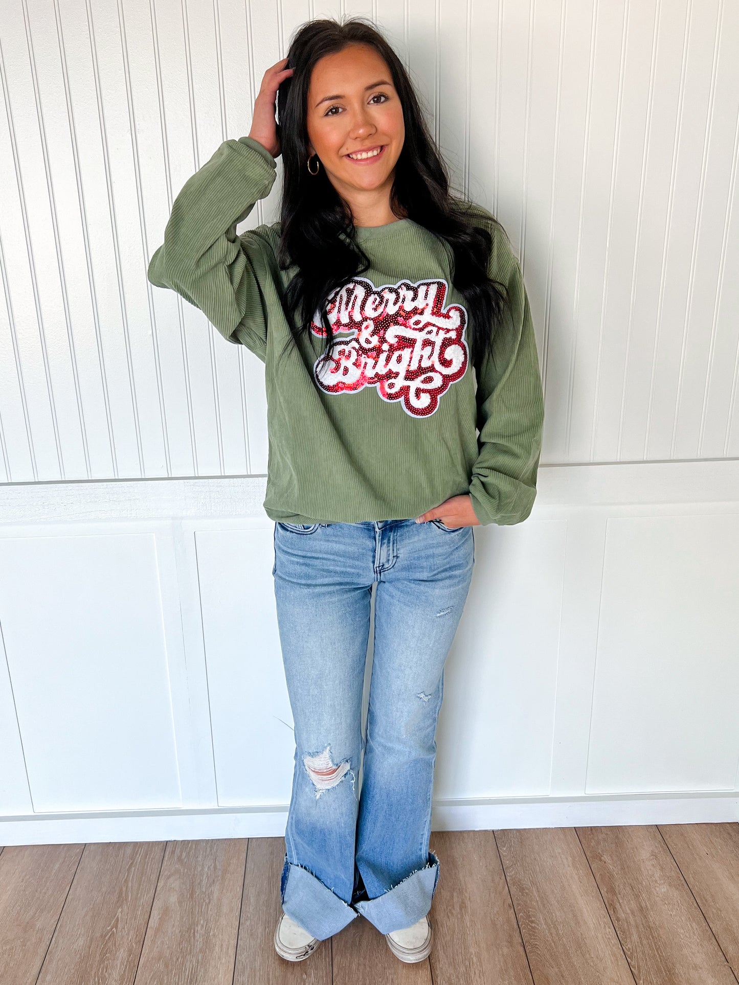 Christmas Merry & Bright Sequin Rib Sweatshirt-Sweatshirt-fashionworks-Bin a1,FD 12/03/24,Tops Collection-The Twisted Chandelier