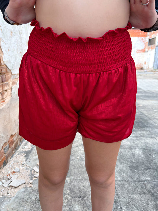 Red High Waisted Shimmer Shorts-Shorts-Southern Grace Wholesale-04/25, 1st md, BIN A5, Max Retail-The Twisted Chandelier