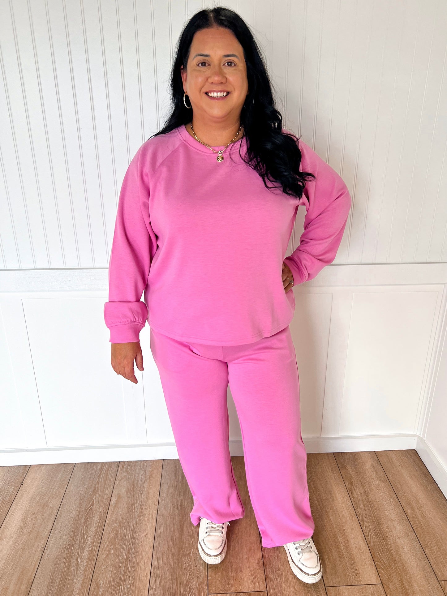 Tessa Scuba Crewneck Pullover & Pants 2-Piece Lounge Set – Soft Stretch Matching Set - Pink-Outfit Sets-Zenana-FD 11/6/25-The Twisted Chandelier