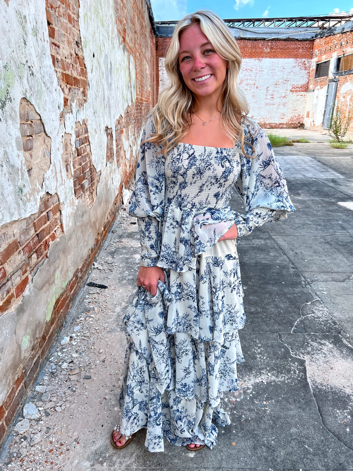 Josephine Floral China Print Long Sleeve Tiered Maxi Dress-Maxi Dress-Entro-BIN A5, CR 08/21/24-The Twisted Chandelier