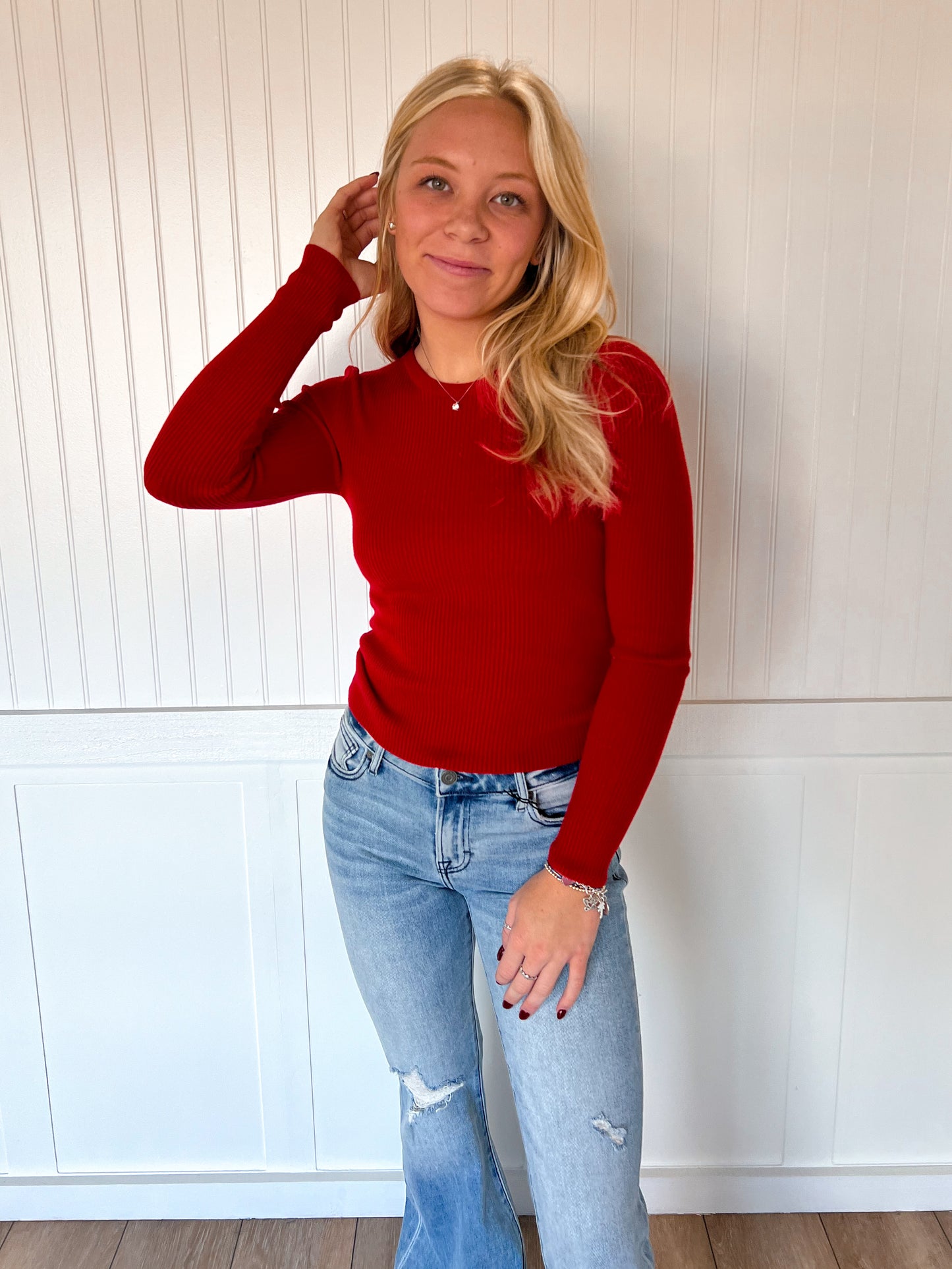 Coraline Long Sleeve Crew Neck Viscose Rib Sweater - Red-Active Basic | Active USA-The Twisted Chandelier