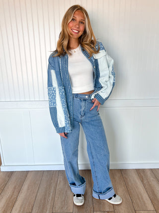 Lizzie Patchwork Mix Media Print Oversized Denim Shacket-Shirts & Tops-mittoshop-FD 01/16/26-The Twisted Chandelier