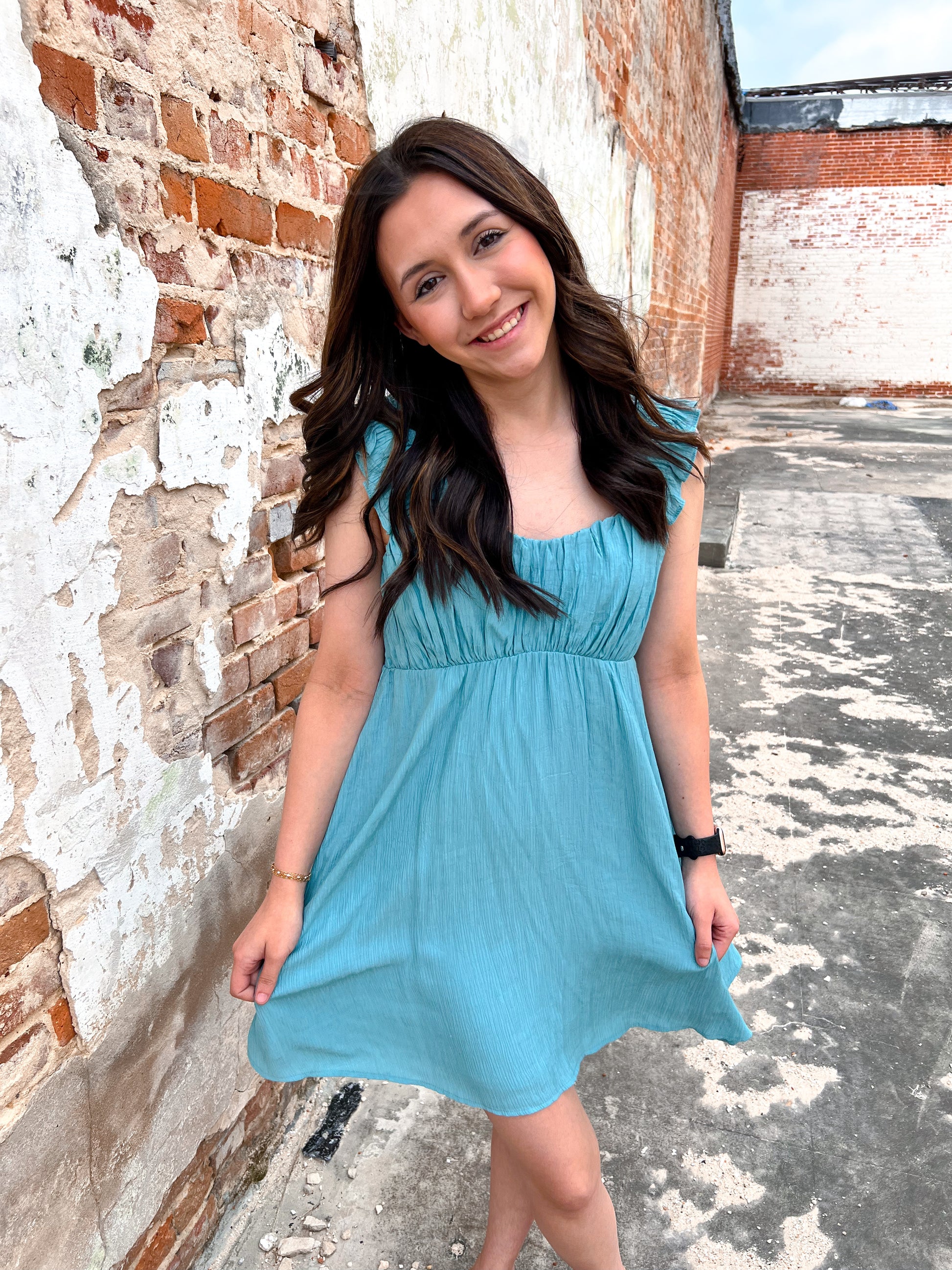 Zelma Dark Mint Ruched Mini Dress-Apparel & Accessories-blu pepper-Bin B1,CR2228,DJR,Fd 05/28/24-The Twisted Chandelier