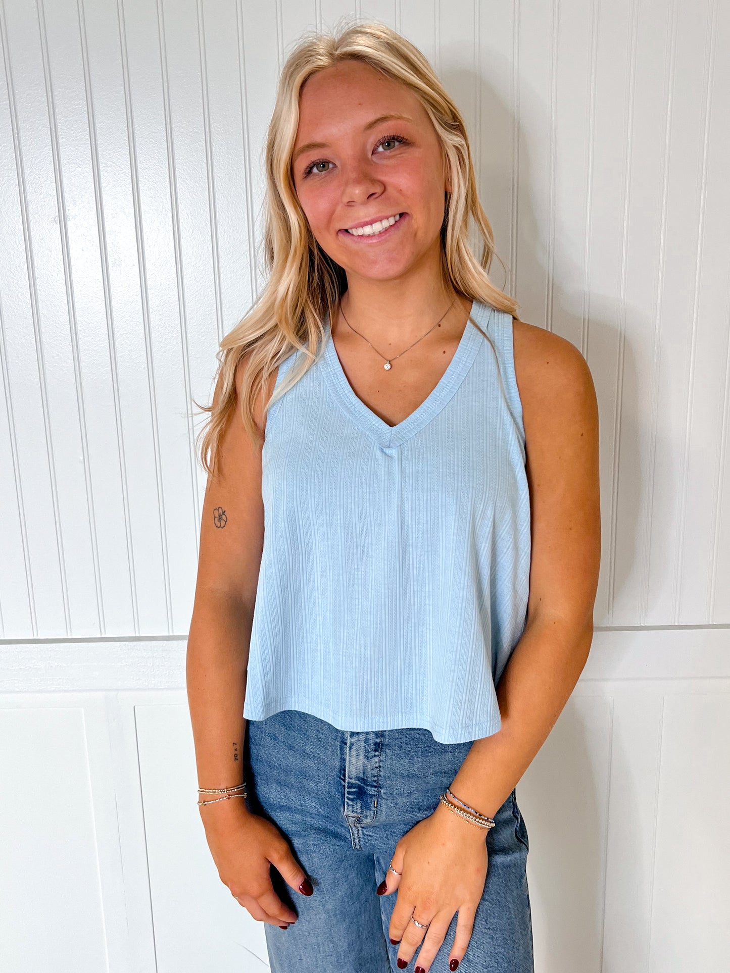 Marda Sleeveless Soft Knit Swing Crop Top - Blue-VERY J-07/24/25,1st md,Bin B5,FD 6/24/25,OGP 28.99,Tops Collection-The Twisted Chandelier