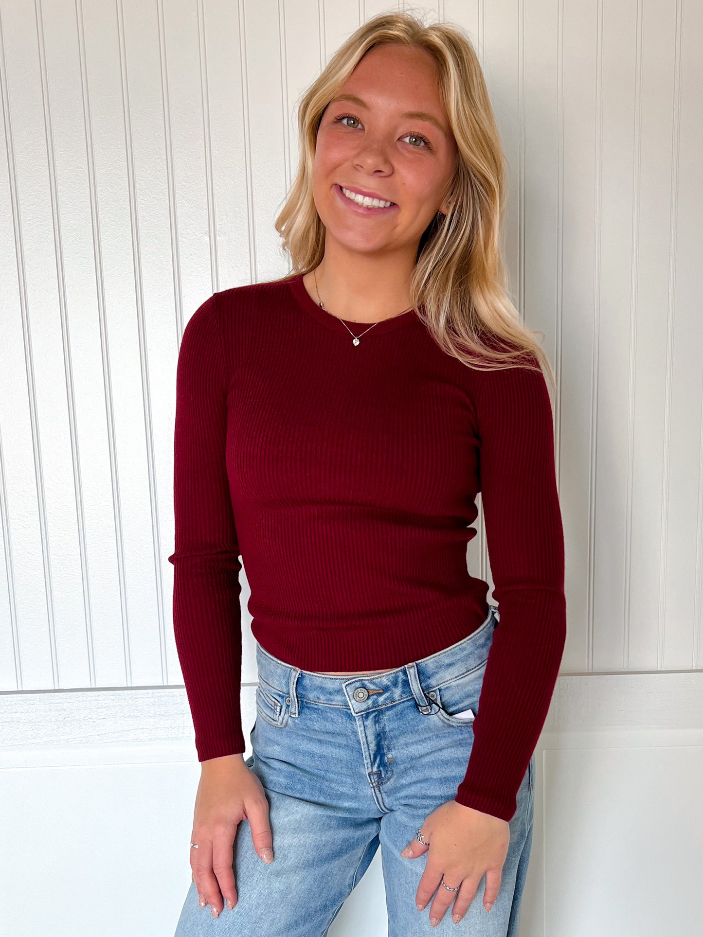 Coraline Long Sleeve Crew Neck Viscose Rib Sweater - Wine-Active Basic | Active USA-Tops Collection-The Twisted Chandelier