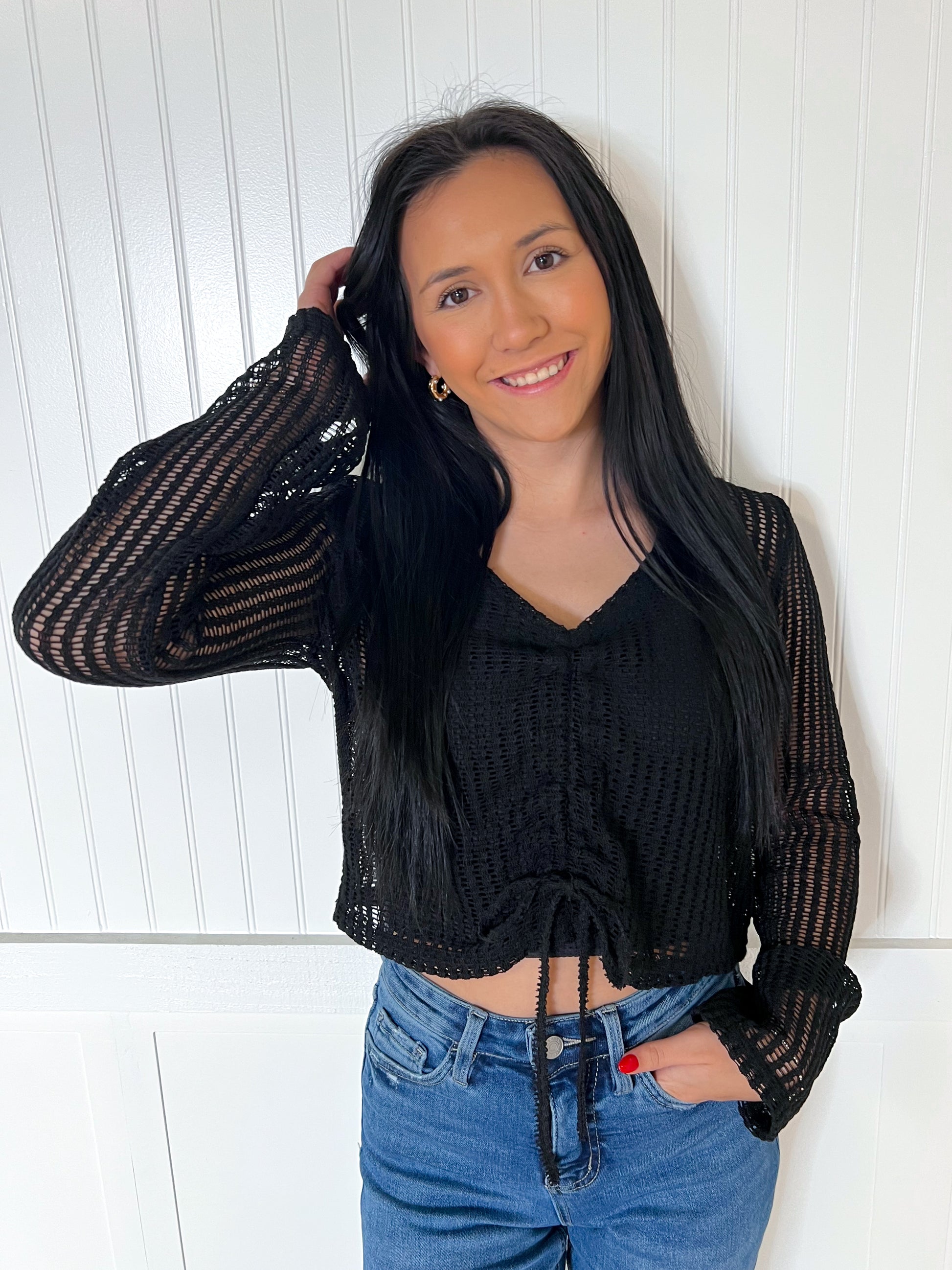 Zella Drawstring Long Sleeve Sheer Crochet Top-Apparel & Accessories-blu pepper-B4ST1063,BIN A 3,Tops Collection-The Twisted Chandelier