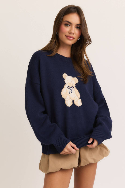 Conner Long Sleeve Crew Neck Teddy Bear Graphic Sweater-Sweater-LE LIS-Bin a4,FD 10/28/25,Tops Collection-XS-The Twisted Chandelier