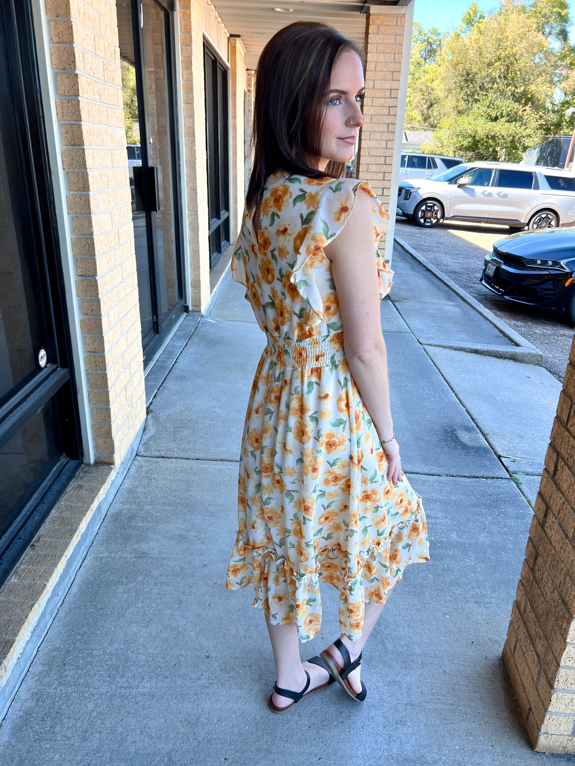 Josie Ruffled Sleeve Floral Print Woven Smocked Waist Midi Dress-Dress-She & Sky-09/03/24,1st md,DJR,OGP 49.99,SY6497-The Twisted Chandelier