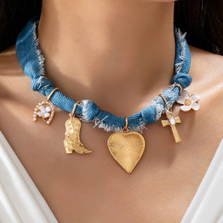 Western Denim Cowboy Boot & Cross Charm Necklace-JOSSLYN by wall to wall-80N92859-The Twisted Chandelier
