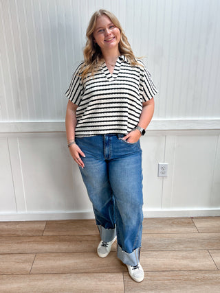 Kinley Striped Split Neck Collared Top-Top-ZENANA-FD 07/23/26,Tops Collection-The Twisted Chandelier