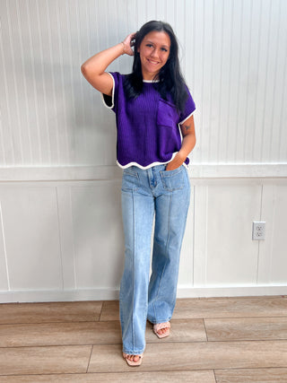Peyton Drop Shoulder Short Sleeve Scallop Hem Sweater Top