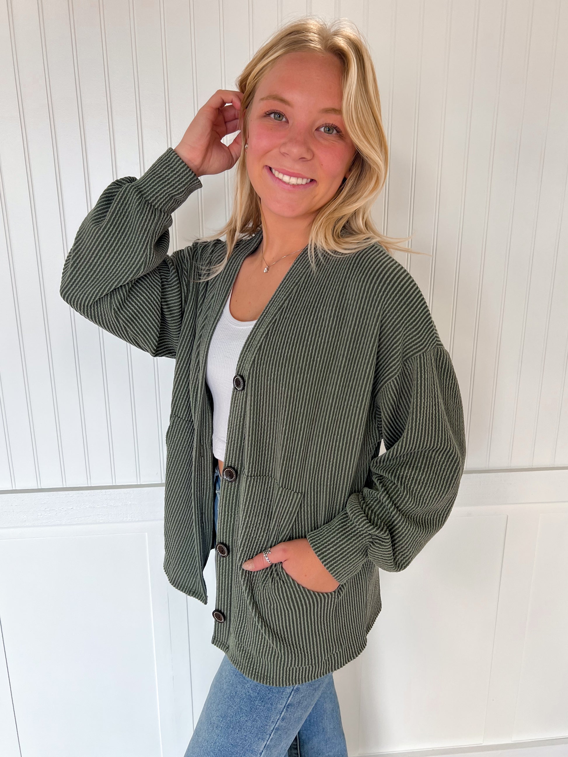 Kate Solid Rib Drop Shoulder Button Balloon Sleeve Cardigan - Olive-7th Ray-BIN A2,FD 09/22/25-The Twisted Chandelier
