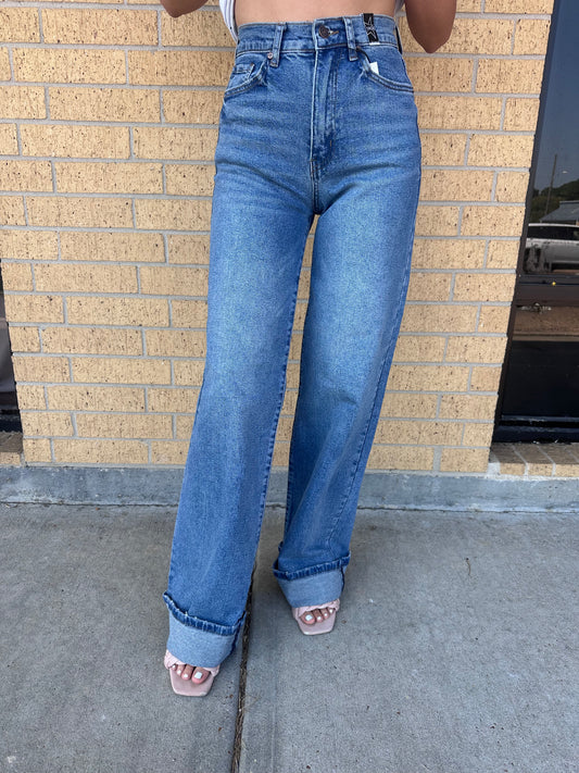 Harlow Cuff Up Medium Stone Wide Leg Jeans-Vibrant M.i.U-bottoms-The Twisted Chandelier