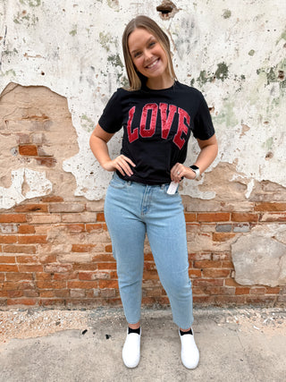 Black Arched Love Short Sleeve Embroidered Patch Tee-Graphic T-Shirt-Southern Belle Wholesale-02/03/26,BIN A5,Max Retail,Tops Collection-The Twisted Chandelier