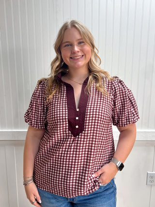 Ruby Gingham Puff Sleeve Top-Top-ENTRO-FD 07/06/26,Tops Collection-The Twisted Chandelier