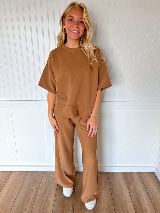 Jovie Ribbed Round Neck Tee & Pants Set – Soft Knit Two-Piece Lounge Outfit - Deep Camel-Outfit Sets-Zenana-FD 11/6/25-The Twisted Chandelier