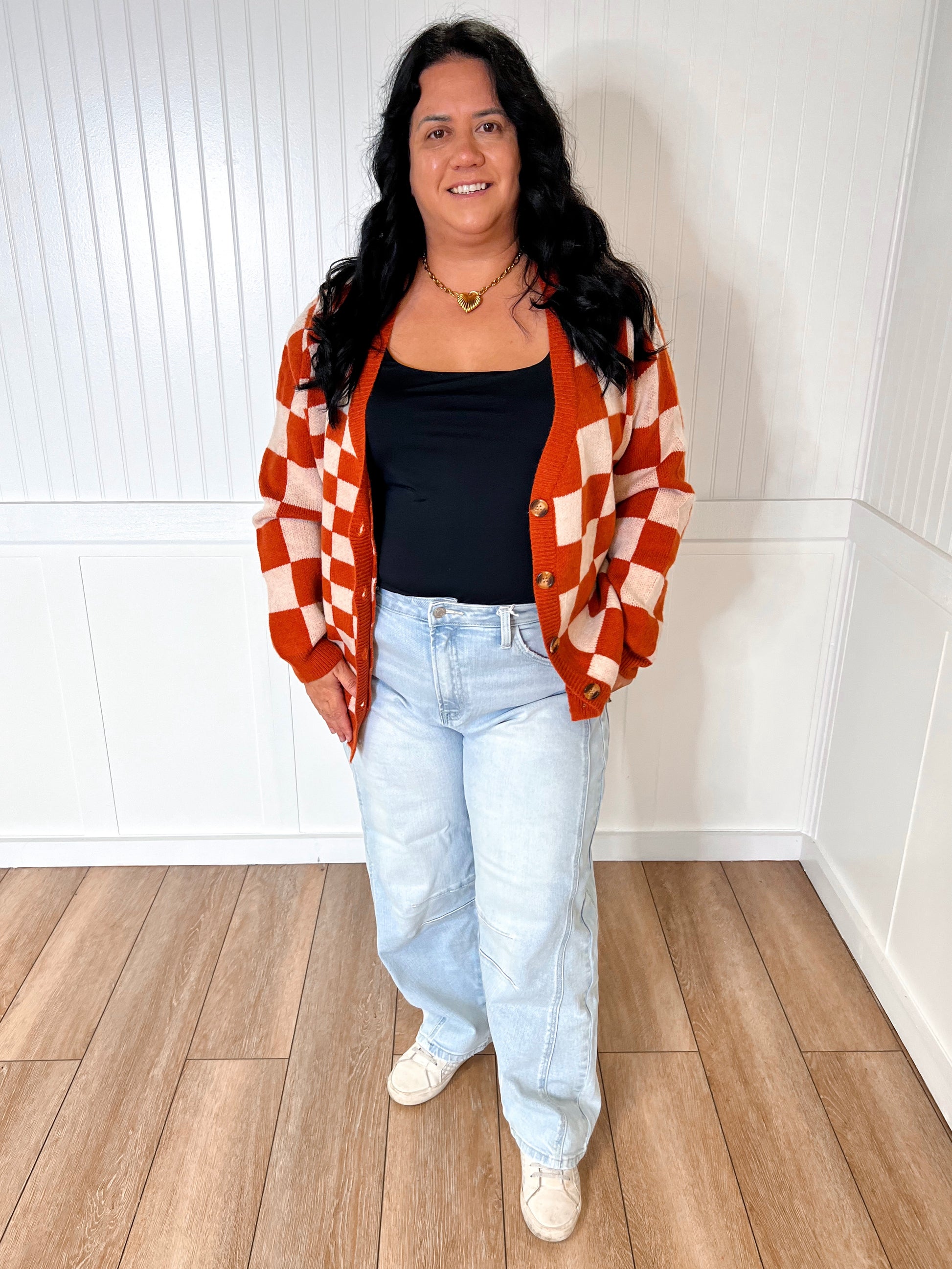 Ophelia Orange Checkered Cardigan-Cardigan-Southern Grace Wholesale-5390,Max Retail-The Twisted Chandelier