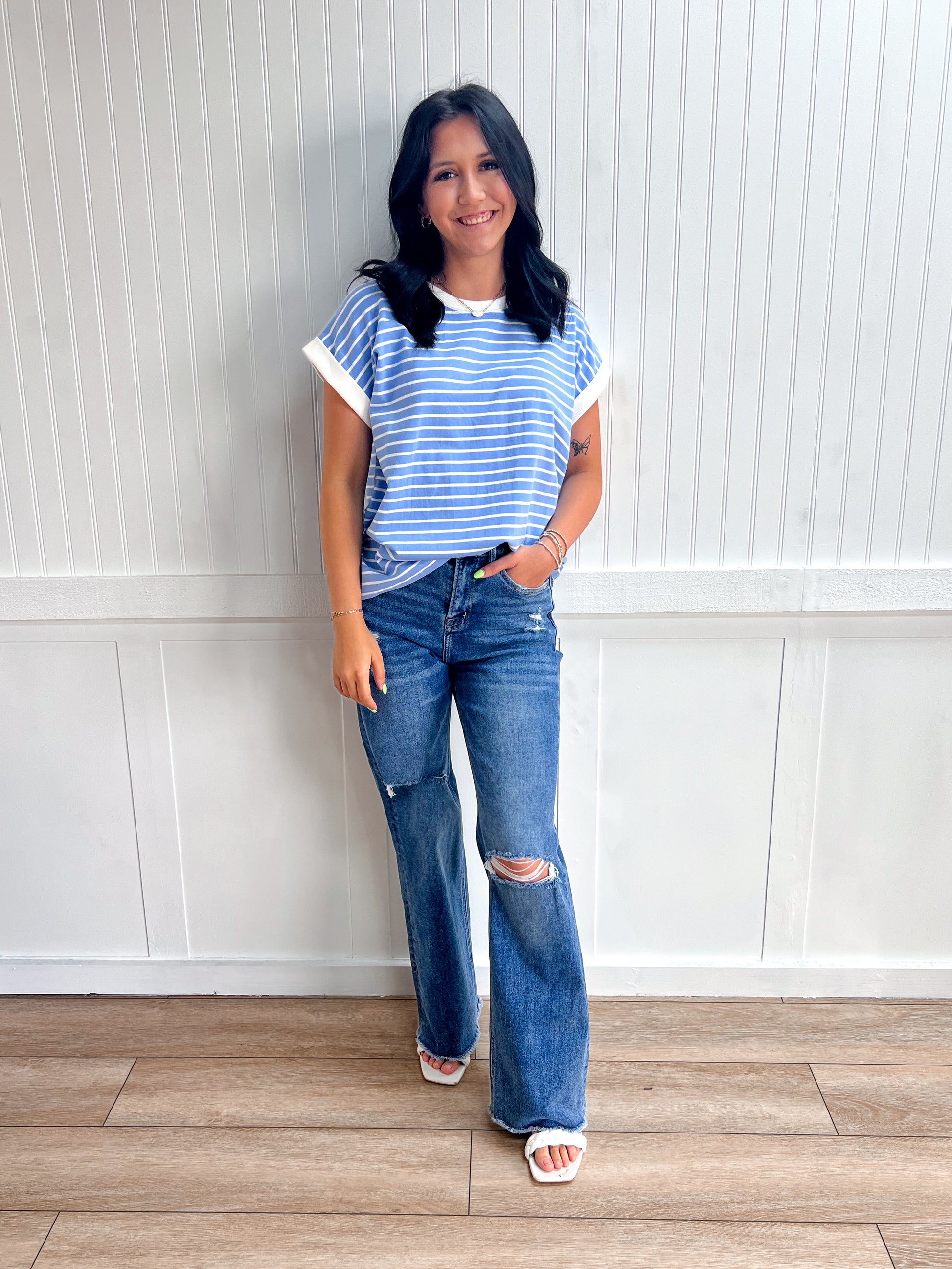 Carly Contrast Trim Cap Sleeve Stripe Tee-Top-Zenana-FD 05/26/26,Tops Collection-The Twisted Chandelier