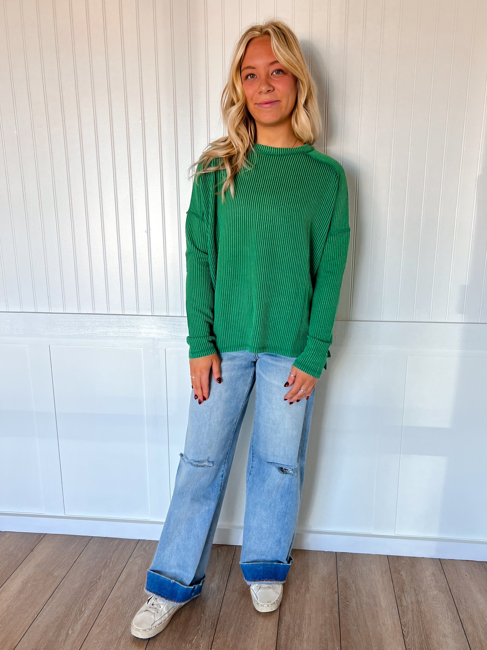 Ellis Raised Rib Raw Edge Boat Neck Long Sleeve Top-Zenana-Tops Collection-The Twisted Chandelier