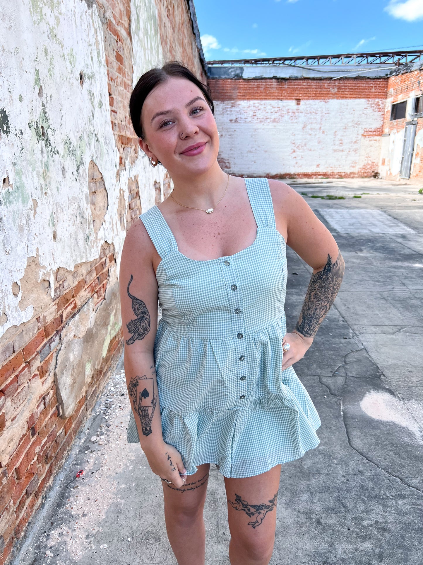 Eloise Sleeveless Woven Checkered Tiered Romper With Button Down Front-Apparel & Accessories-She & Sky-08/18/24, 1st md, BIN A4, OGP 34.99, SS9800-The Twisted Chandelier