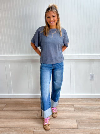 Paige Dolman Short Sleeve Exposed Seam Textured Knit Blend Top-Top-Blu Pepper-NewArrival,Tops Collection-The Twisted Chandelier