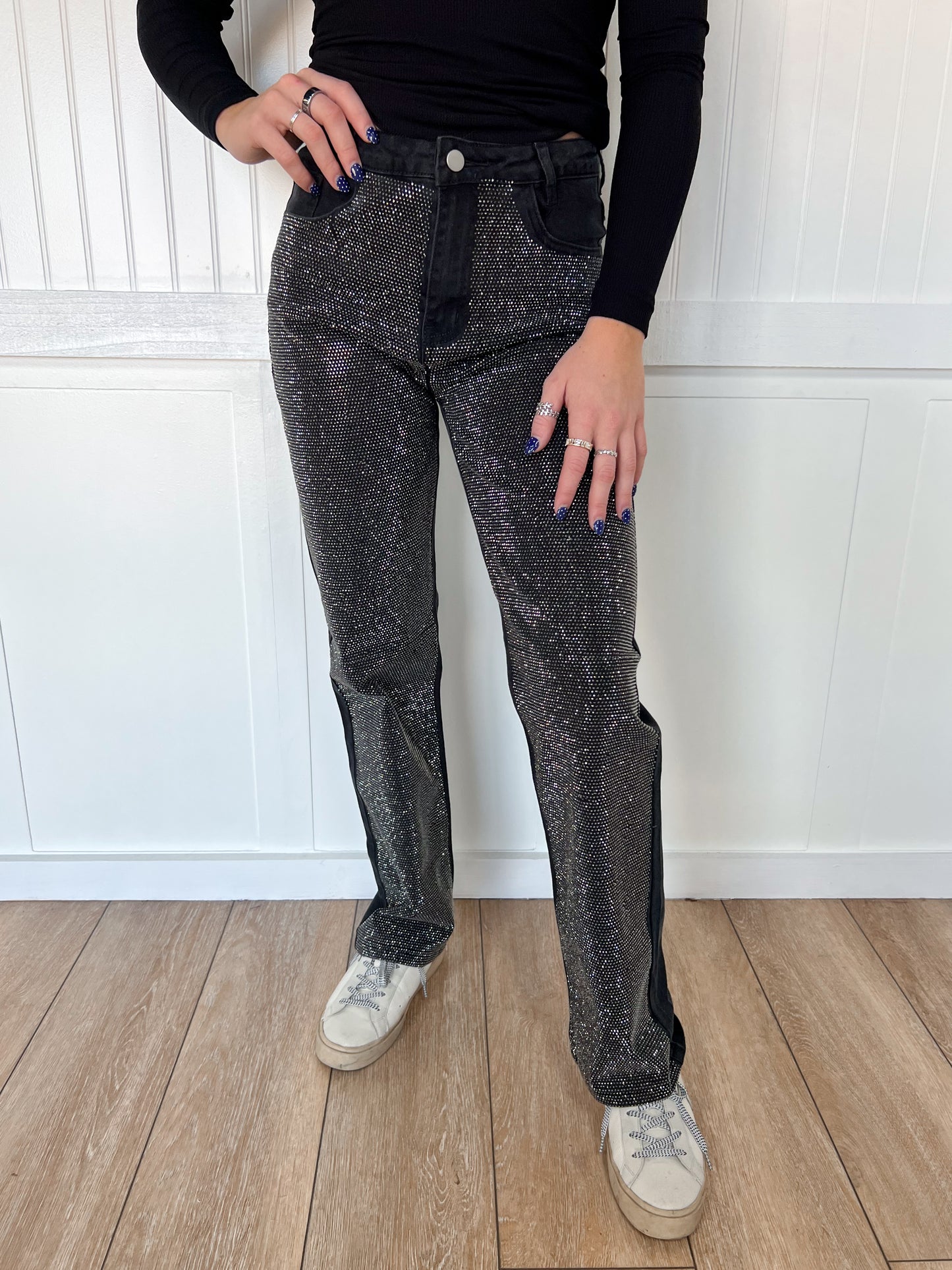 Ida High Rise Rhinestone Studded Black Denim Jeans-Denim-blue b.-bottoms,Max Retail,OGP 69.99,western & concert-The Twisted Chandelier