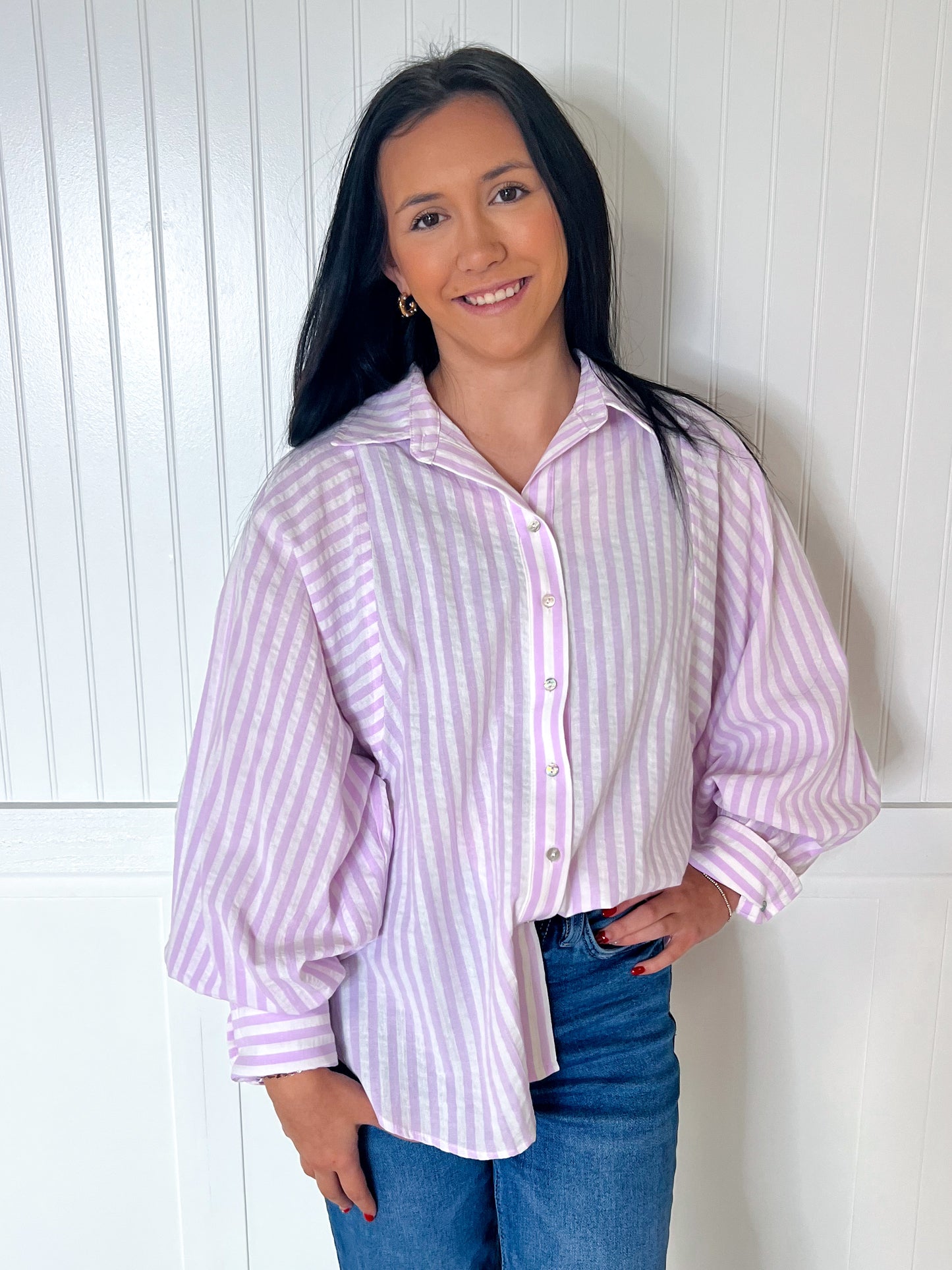 Blayne Button Down Cotton Lavender Striped Shirt-in february-05/14/25,1st md,BIN D3,FD 02/18/25,Tops Collection-The Twisted Chandelier