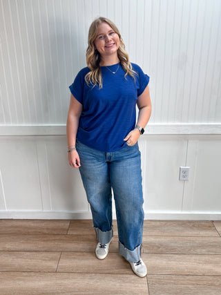 Addie Slub Cuffed Sleeve Tee - Navy-Top-ZENANA-Tops Collection-The Twisted Chandelier