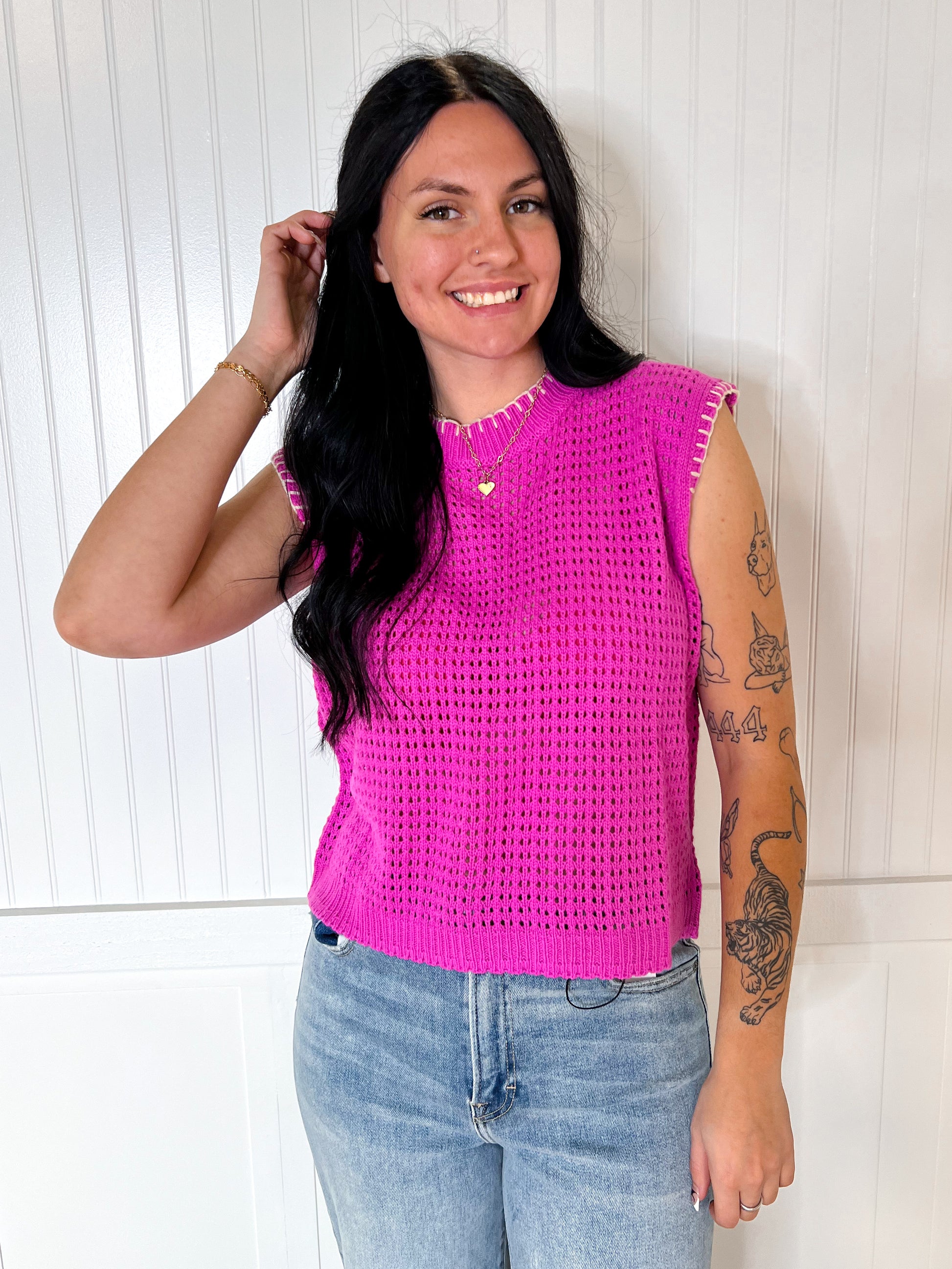 Winnie Crochet Knit Stitching Detailed Sleeveless Top-La Miel-1st md,Bin B5,FD 07/29/25,MDS3597,OGP 46.99,Tops Collection-The Twisted Chandelier