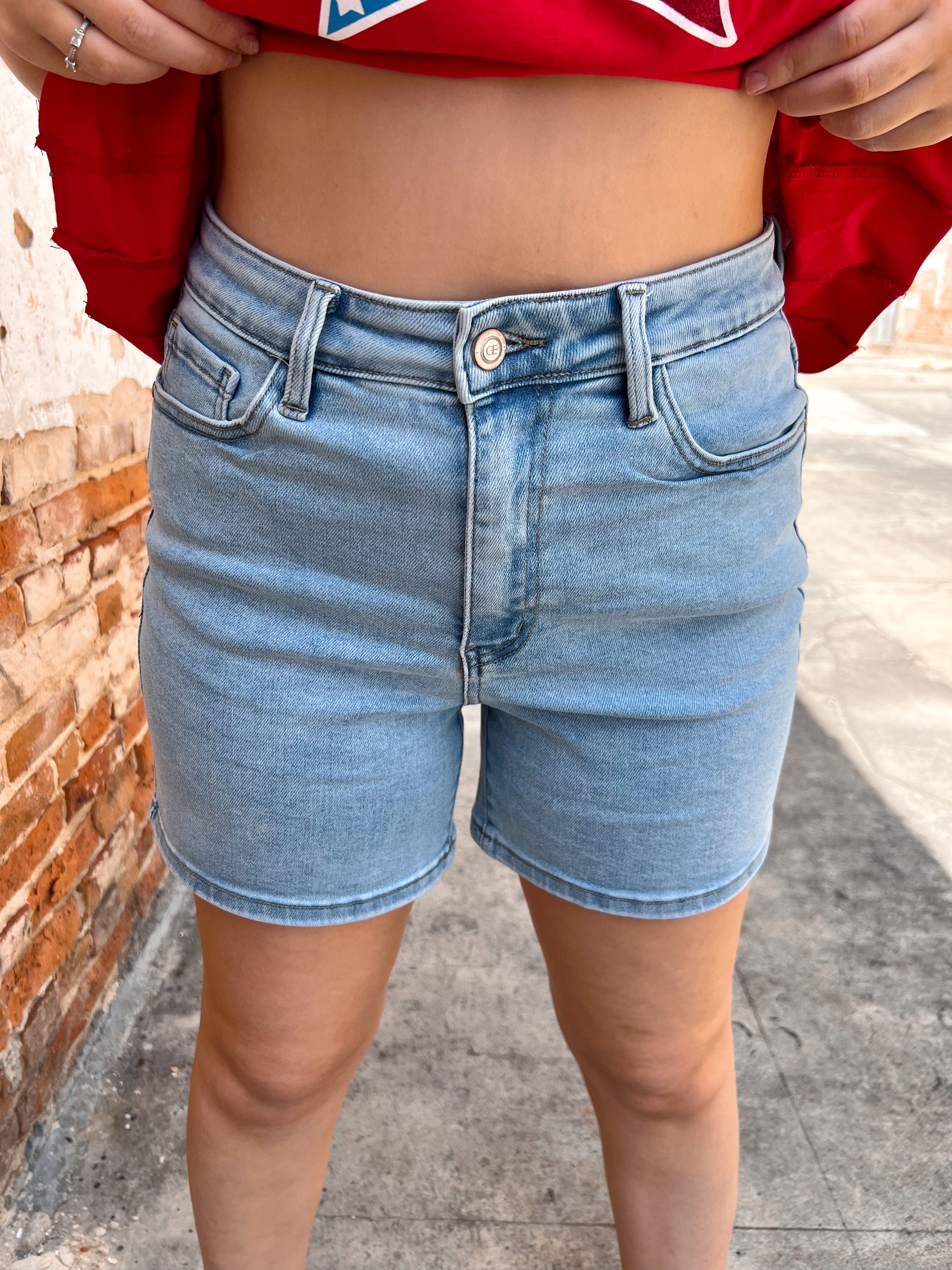 Elora High Rise Denim Shorts-Shorts-Southern Grace Wholesale-08/08/24, 1145j, 1st md, Bin b3, bottoms, not on the floor only in the bins-The Twisted Chandelier