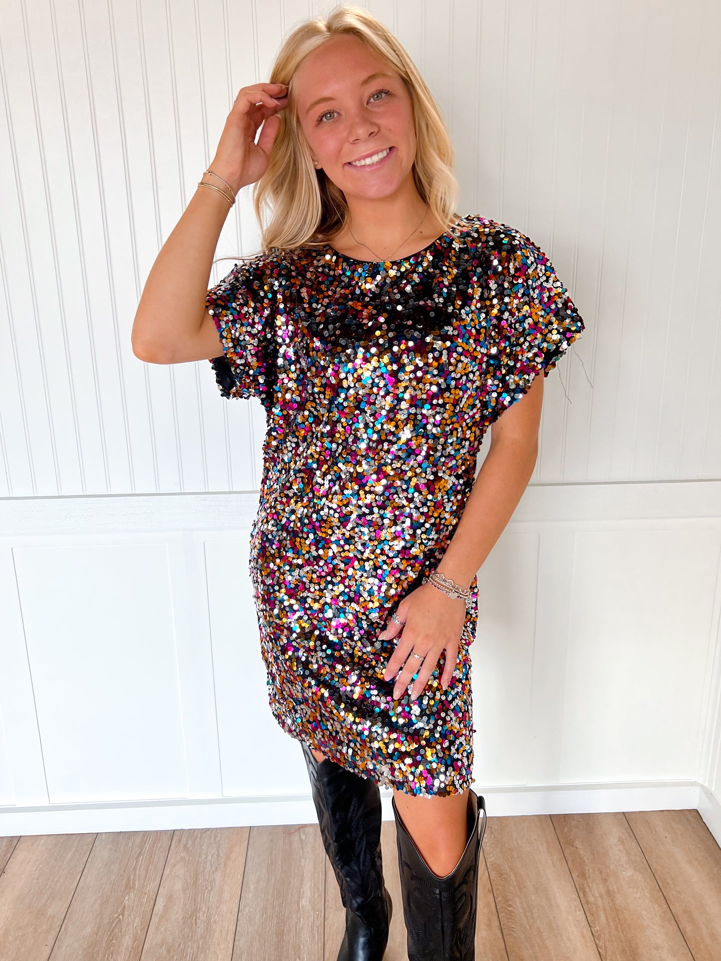Aubrie Multi Color Sequin Embellishment Boat Neck Dress-Vine & Love-DJR-The Twisted Chandelier