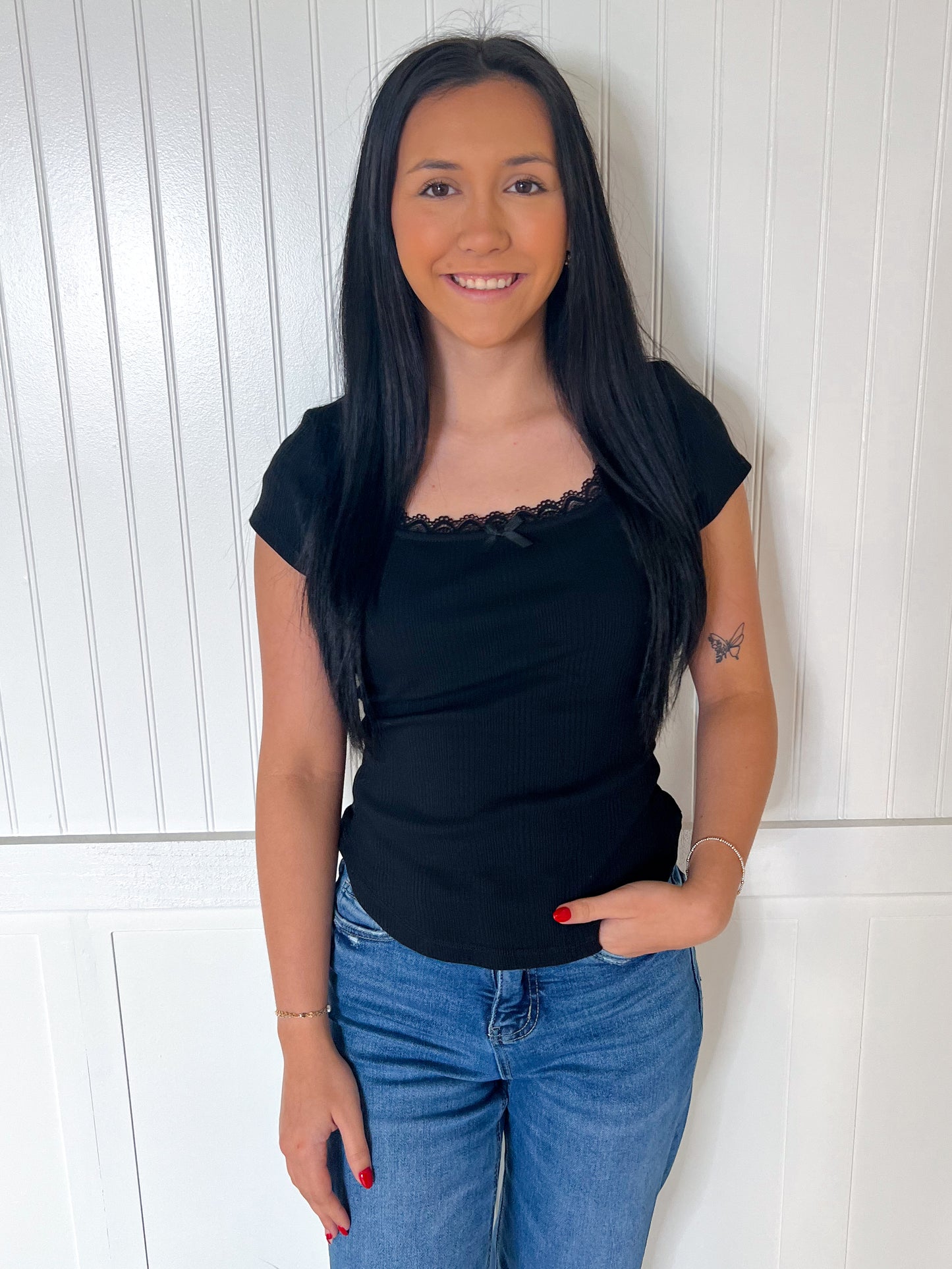 Maven Lace & Bow Trim Ribbed Knit Top - Black-VERY J-Bin B4,FD 8/5/25,OGP 32.50,Tops Collection-The Twisted Chandelier