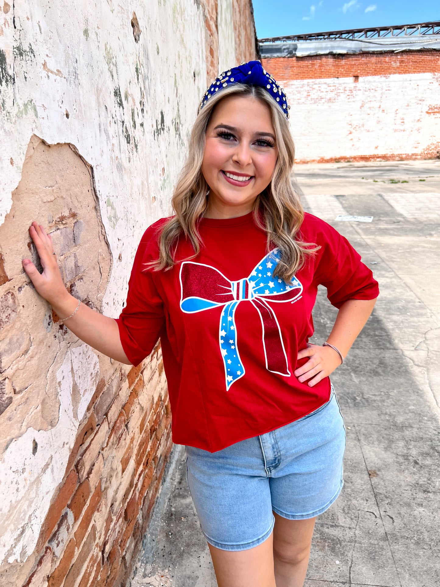 Red White And Blue Bow Tee Shirt-Apparel & Accessories-Southern Grace Wholesale-6893e-red-bow, Bin a6, FD 04/09/24, not on the floor only in the bins-The Twisted Chandelier