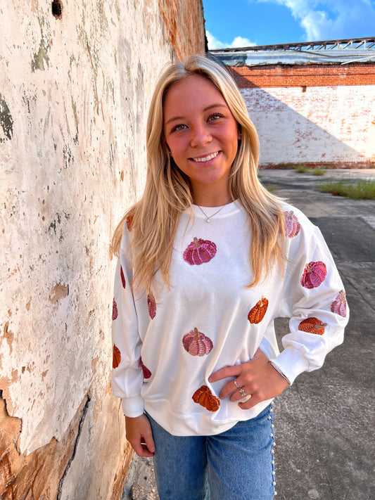 Mary Square Sarah Sweatshirt | Pumpkins-Sweatshirt-Mary Square-1st md, BIN C4, FD 09/24/24, OGP 74.99, Tops Collection-The Twisted Chandelier